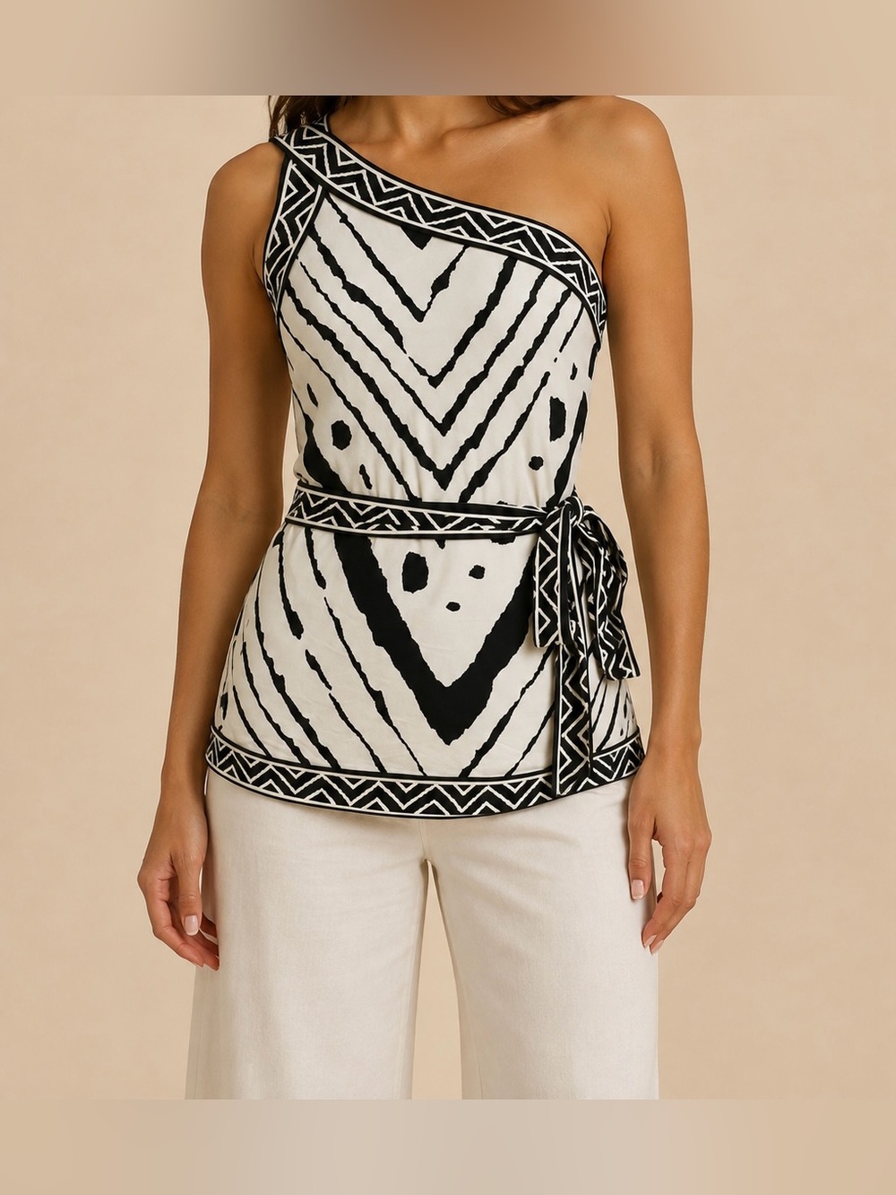 BCBGMAXAZRIA Y2K One Shoulder Geometric Print Top Beige Black Size M